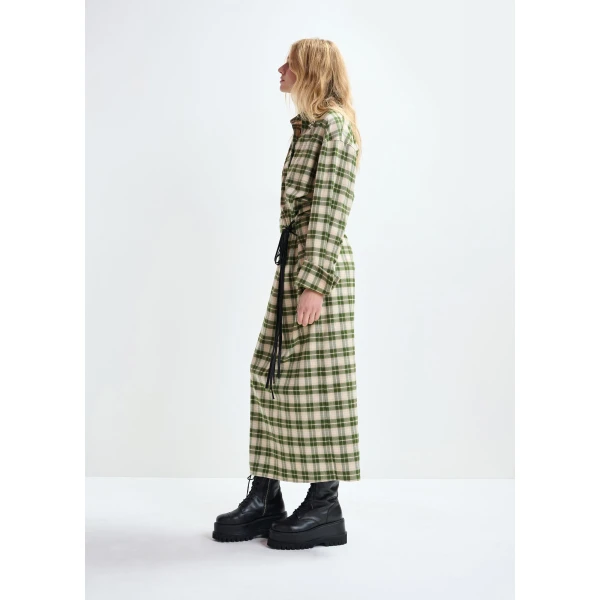Essentiel Antwerp Beige and green checked oversized maxi dress with rhinestone-embellished collar - Essentiel Antwerp Dresses - Colorful Belgian Design - Shop at Luxury Shoes 