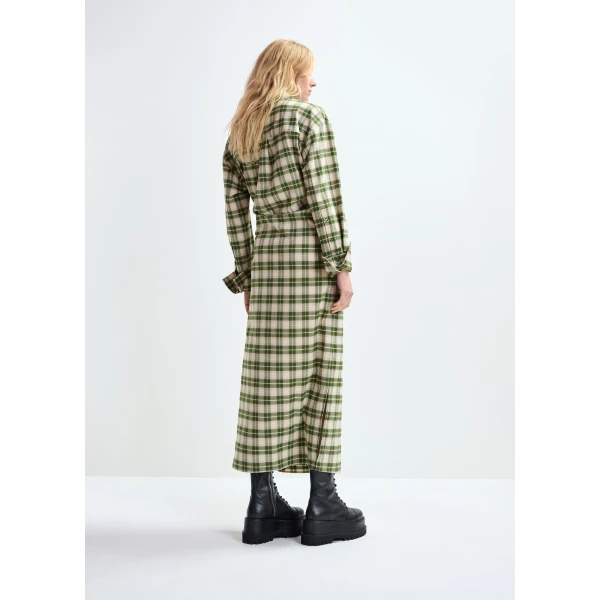Essentiel Antwerp Beige and green checked oversized maxi dress with rhinestone-embellished collar - Essentiel Antwerp Dresses - Colorful Belgian Design - Shop at Luxury Shoes 