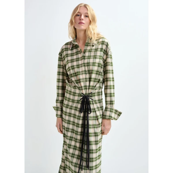 Essentiel Antwerp Beige and green checked oversized maxi dress with rhinestone-embellished collar - Essentiel Antwerp Dresses - Colorful Belgian Design - Shop at Luxury Shoes 
