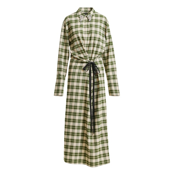 Essentiel Antwerp Beige and green checked oversized maxi dress with rhinestone-embellished collar - Essentiel Antwerp Dresses - Colorful Belgian Design - Shop at Luxury Shoes 