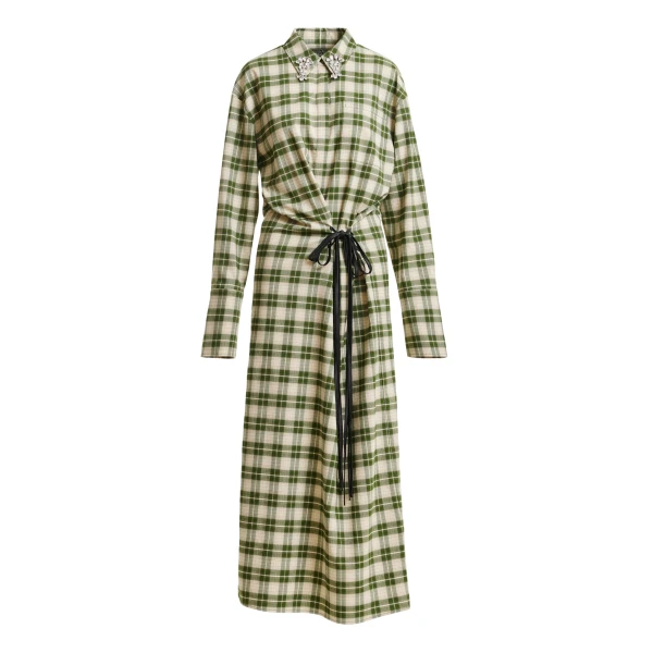 Essentiel Antwerp Beige and green checked oversized maxi dress with rhinestone-embellished collar - Essentiel Antwerp Dresses - Colorful Belgian Design - Shop at Luxury Shoes 