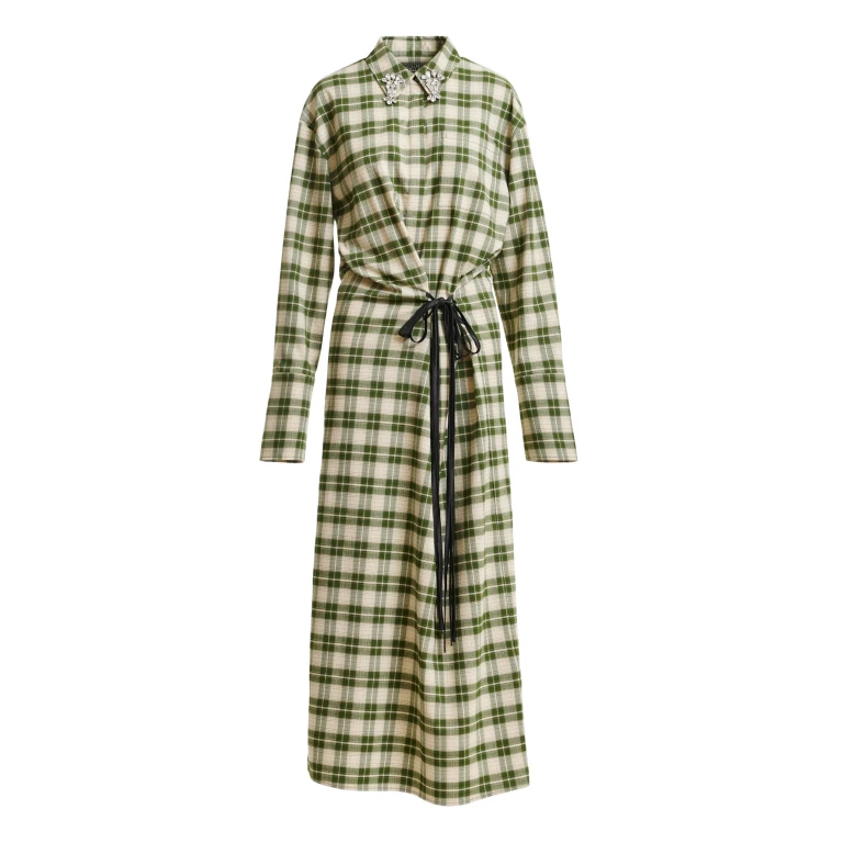 Essentiel Antwerp Beige and green checked oversized maxi dress with rhinestone-embellished collar - Essentiel Antwerp Dresses - Colorful Belgian Design - Shop at Luxury Shoes 