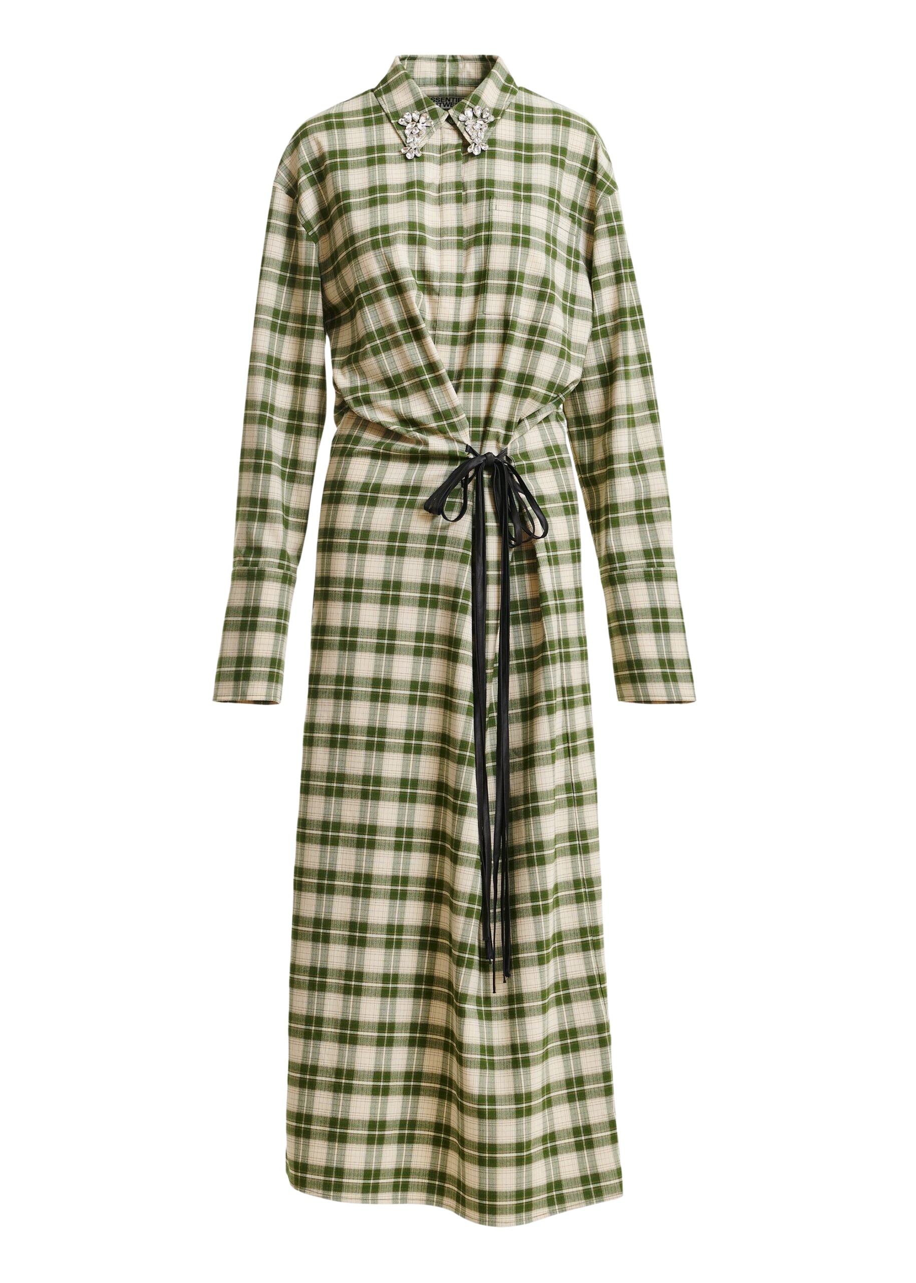 Essentiel Antwerp Beige and green checked oversized maxi dress with rhinestone-embellished collar