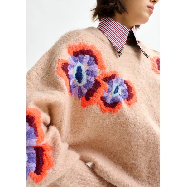 Essentiel Antwerp Beige and multicolor floral jacquard mohair-blend sweater - Essentiel Antwerp Jackets - Colorful Belgian Design - Shop at Luxury Shoes 