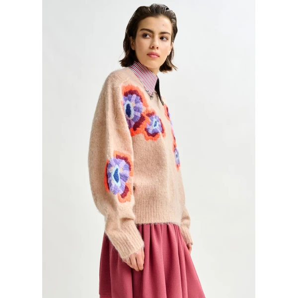 Essentiel Antwerp Beige and multicolor floral jacquard mohair-blend sweater - Essentiel Antwerp Jackets - Colorful Belgian Design - Shop at Luxury Shoes 