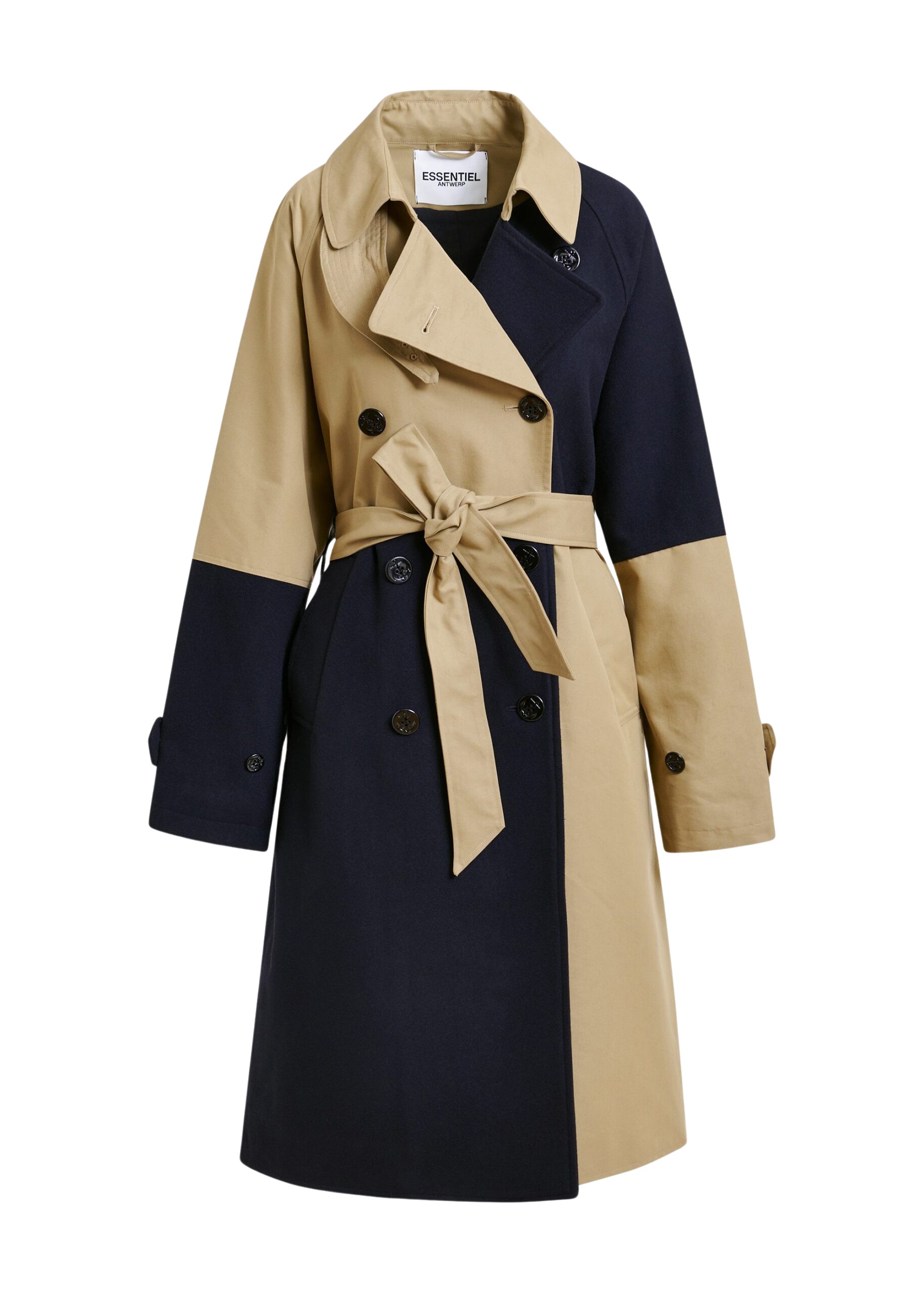 Essentiel Antwerp Beige and navy colour-block trench coat