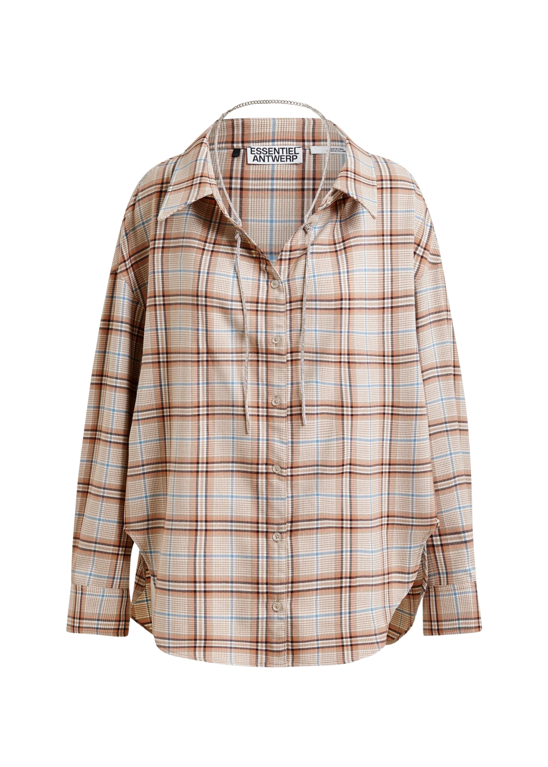 Essentiel Antwerp Beige, orange and blue oversized plaid shirt with rhinestone chain