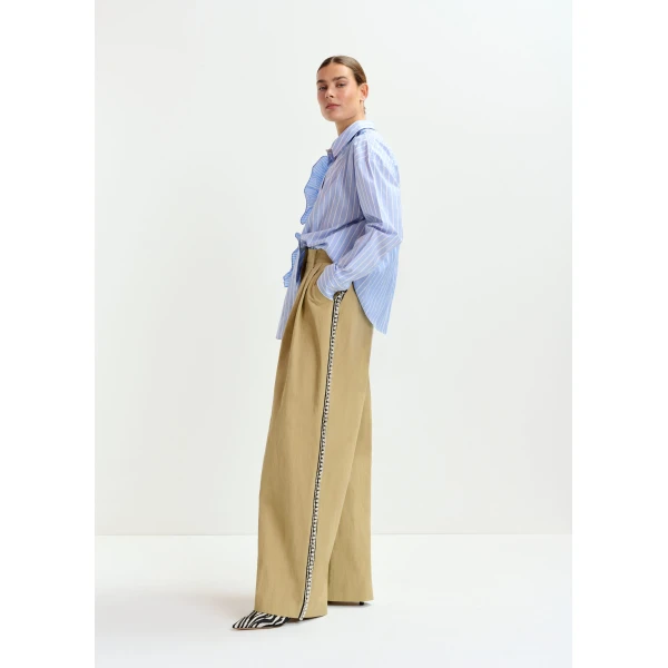 Essentiel Antwerp Beige rhinestone-trimmed pleated wide-leg pants - Essentiel Antwerp Pants - Colorful Belgian Design - Shop at Luxury Shoes 