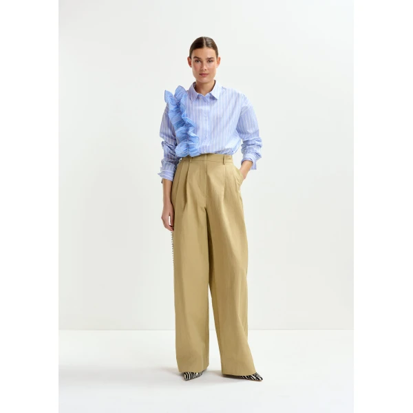 Essentiel Antwerp Beige rhinestone-trimmed pleated wide-leg pants - Essentiel Antwerp Pants - Colorful Belgian Design - Shop at Luxury Shoes 