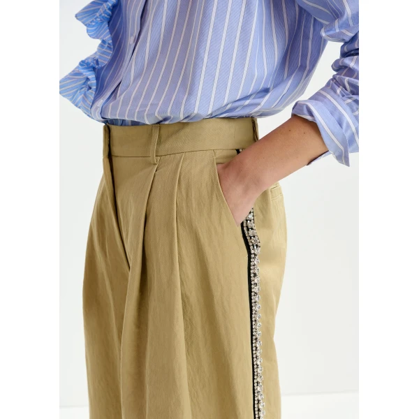 Essentiel Antwerp Beige rhinestone-trimmed pleated wide-leg pants - Essentiel Antwerp Pants - Colorful Belgian Design - Shop at Luxury Shoes 