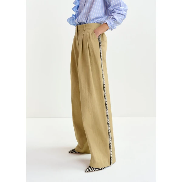 Essentiel Antwerp Beige rhinestone-trimmed pleated wide-leg pants - Essentiel Antwerp Pants - Colorful Belgian Design - Shop at Luxury Shoes 