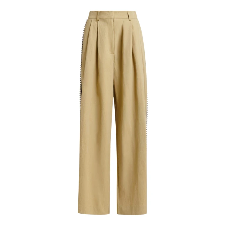 Essentiel Antwerp Beige rhinestone-trimmed pleated wide-leg pants - Essentiel Antwerp Pants - Colorful Belgian Design - Shop at Luxury Shoes 