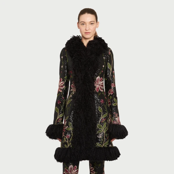 Giambattista Valli Black Flower Screen Mid-Length Coat - Giambattista Valli Coats - Romantic Couture - Shop at Luxury Shoes 