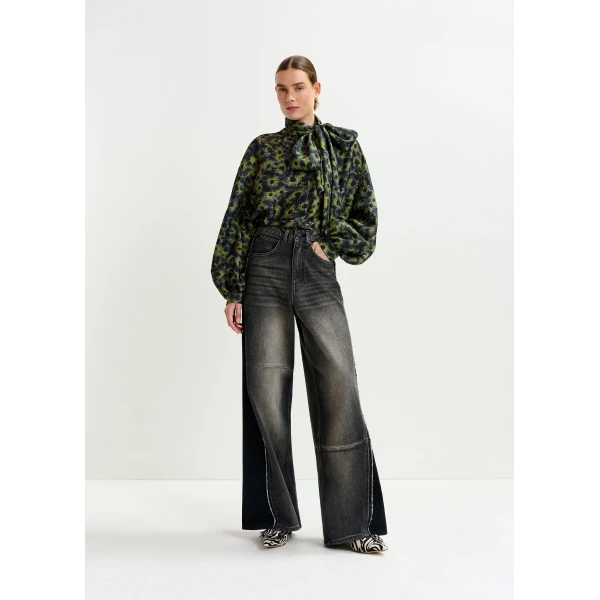 Essentiel Antwerp Black and grey wide-leg contrast panel jeans - Essentiel Antwerp Pants - Colorful Belgian Design - Shop at Luxury Shoes 