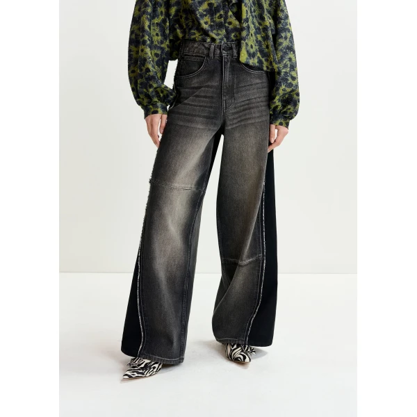 Essentiel Antwerp Black and grey wide-leg contrast panel jeans - Essentiel Antwerp Pants - Colorful Belgian Design - Shop at Luxury Shoes 