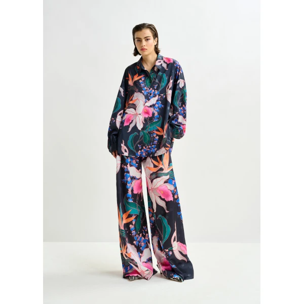 Essentiel Antwerp Black and mulitcolor printed wide-leg pants - Essentiel Antwerp Pants - Colorful Belgian Design - Shop at Luxury Shoes 