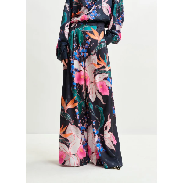 Essentiel Antwerp Black and mulitcolor printed wide-leg pants - Essentiel Antwerp Pants - Colorful Belgian Design - Shop at Luxury Shoes 