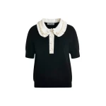 Essentiel Antwerp Black and off-white ruffle fine-knit polo top with bead embellishments - Essentiel Antwerp Tops - Colorful Belgian Design - Shop at Luxury Shoes 