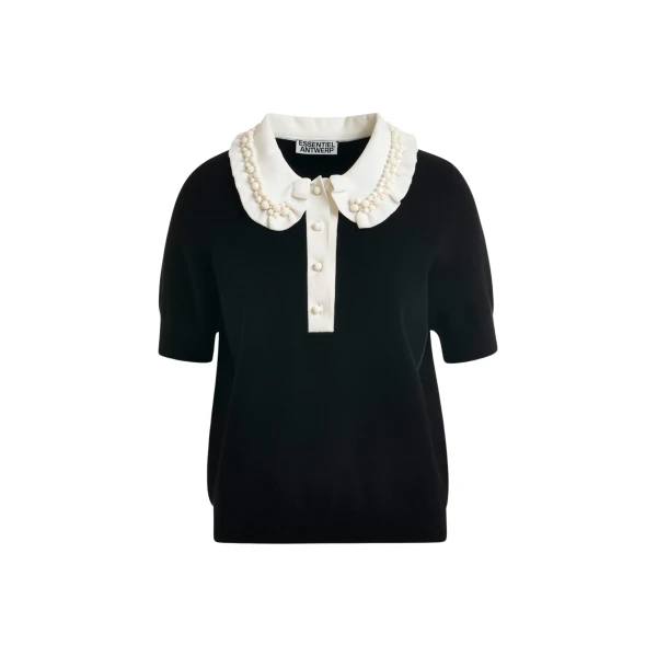 Essentiel Antwerp Black and off-white ruffle fine-knit polo top with bead embellishments - Essentiel Antwerp Tops - Colorful Belgian Design - Shop at Luxury Shoes 