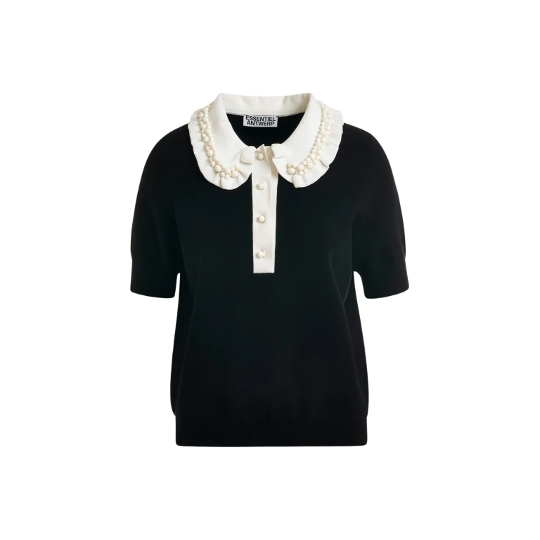 Essentiel Antwerp Black and off-white ruffle fine-knit polo top with bead embellishments - Essentiel Antwerp Tops - Colorful Belgian Design - Shop at Luxury Shoes 