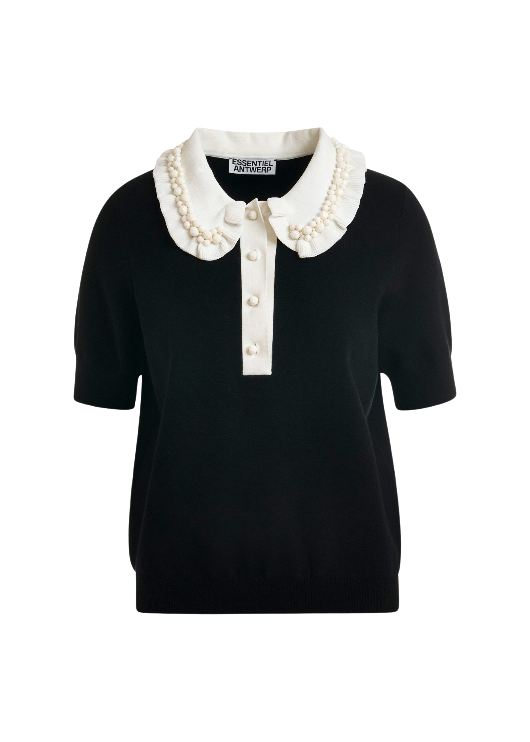 Essentiel Antwerp Black and off-white ruffle fine-knit polo top with bead embellishments