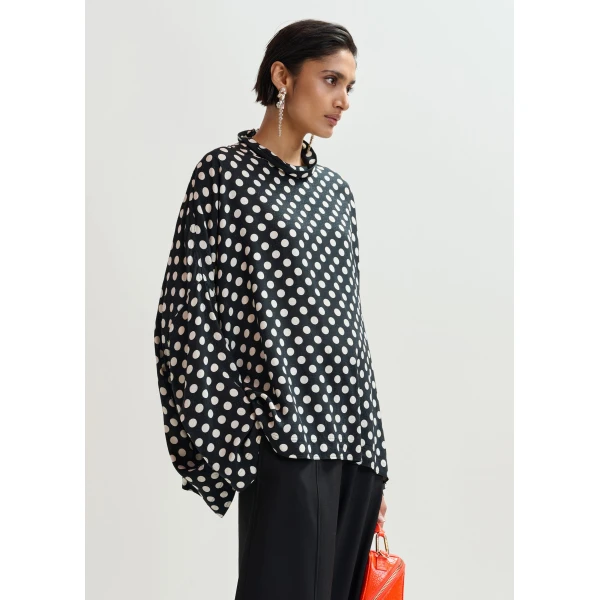 Essentiel Antwerp Black and white oversized polka-dot print top with high neck - Essentiel Antwerp Tops - Colorful Belgian Design - Shop at Luxury Shoes 
