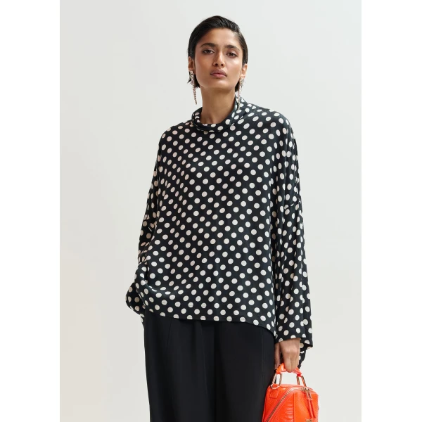 Essentiel Antwerp Black and white oversized polka-dot print top with high neck - Essentiel Antwerp Tops - Colorful Belgian Design - Shop at Luxury Shoes 
