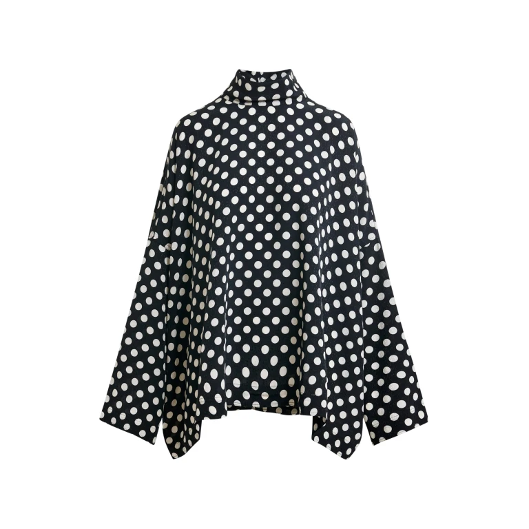 Essentiel Antwerp Black and white oversized polka-dot print top with high neck - Essentiel Antwerp Tops - Colorful Belgian Design - Shop at Luxury Shoes 