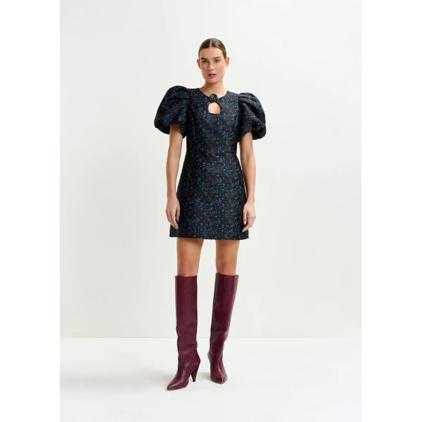 blue and red floral puff-sleeve mini dress with cut-out detail - Essentiel Antwerp Dresses - Colorful Belgian Design - Shop at Luxury Shoes 