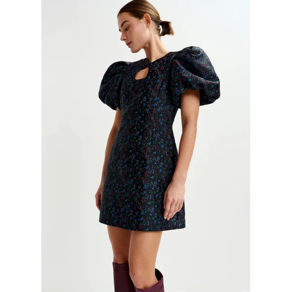 blue and red floral puff-sleeve mini dress with cut-out detail - Essentiel Antwerp Dresses - Colorful Belgian Design - Shop at Luxury Shoes 