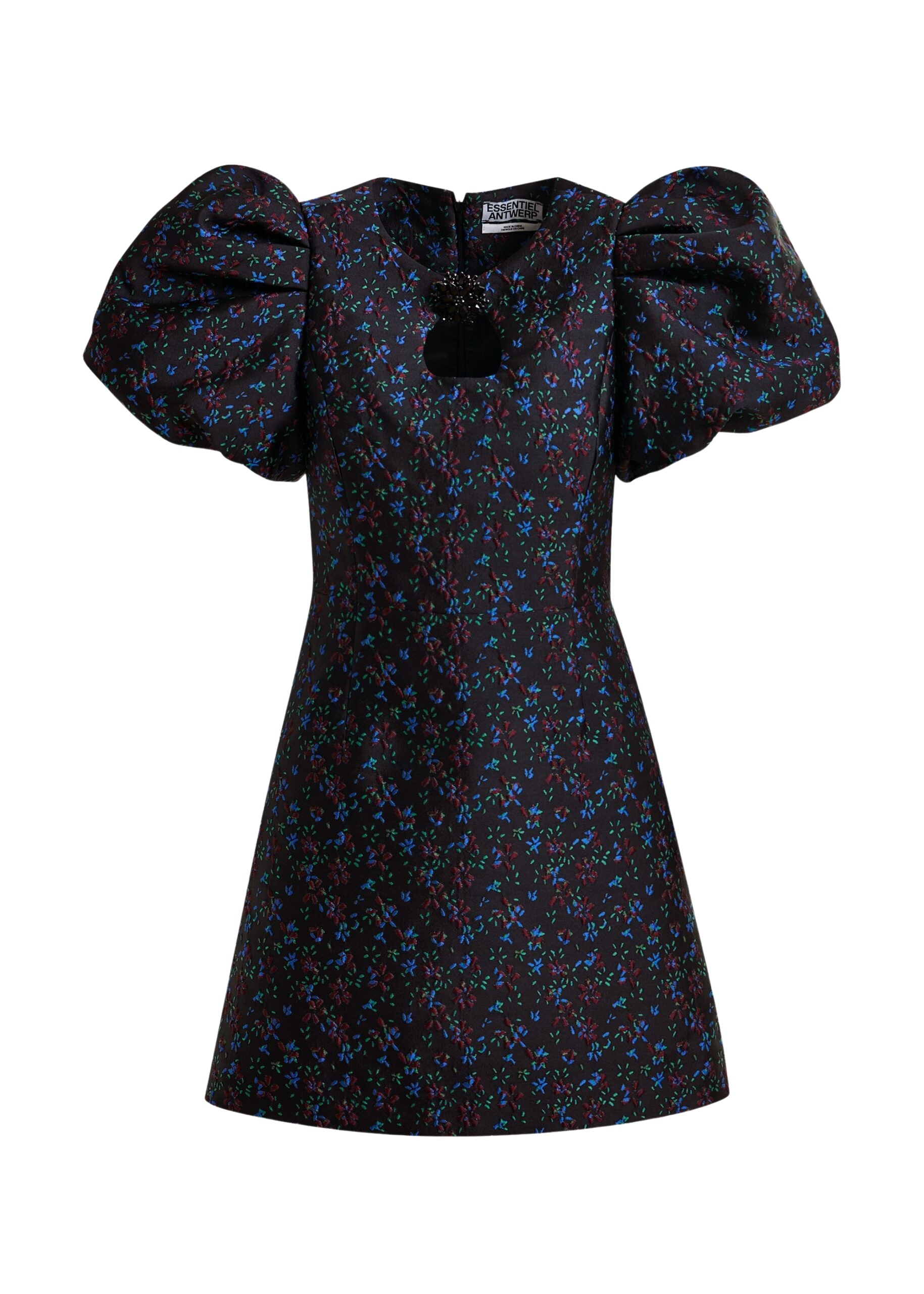 Essentiel Antwerp Black, blue and red floral puff-sleeve mini dress with cut-out detail