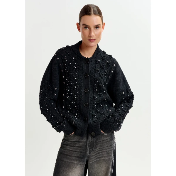 Essentiel Antwerp Black cable-knit wool-blend cardigan with rhinestone embellishments - Essentiel Antwerp Knitwear - Colorful Belgian Design - Shop at Luxury Shoes 