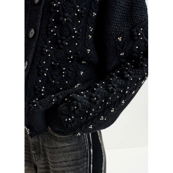 Essentiel Antwerp Black cable-knit wool-blend cardigan with rhinestone embellishments - Essentiel Antwerp Knitwear - Colorful Belgian Design - Shop at Luxury Shoes 
