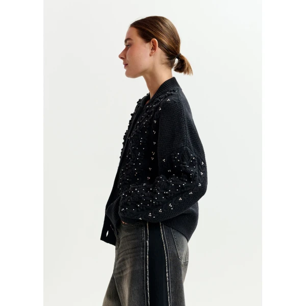 Essentiel Antwerp Black cable-knit wool-blend cardigan with rhinestone embellishments - Essentiel Antwerp Knitwear - Colorful Belgian Design - Shop at Luxury Shoes 