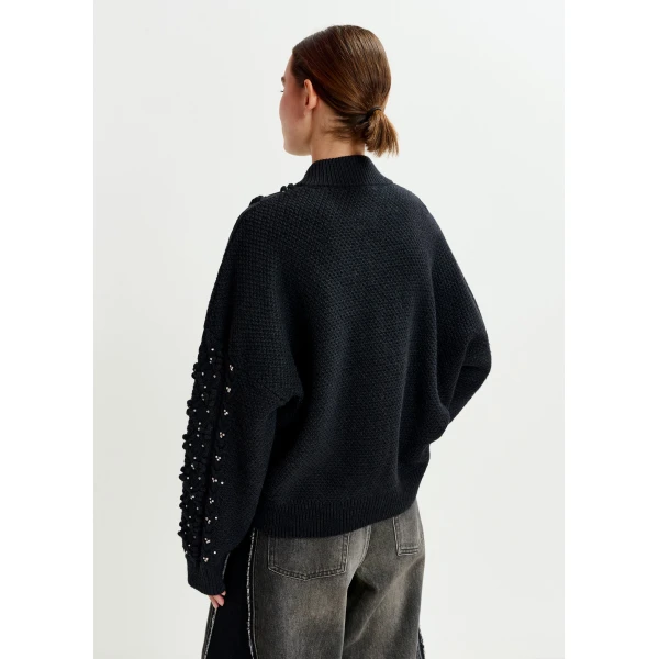 Essentiel Antwerp Black cable-knit wool-blend cardigan with rhinestone embellishments - Essentiel Antwerp Knitwear - Colorful Belgian Design - Shop at Luxury Shoes 