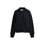 Essentiel Antwerp Black cable-knit wool-blend cardigan with rhinestone embellishments - Essentiel Antwerp Knitwear - Colorful Belgian Design - Shop at Luxury Shoes 