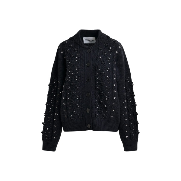Essentiel Antwerp Black cable-knit wool-blend cardigan with rhinestone embellishments - Essentiel Antwerp Knitwear - Colorful Belgian Design - Shop at Luxury Shoes 