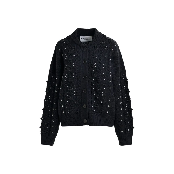 Essentiel Antwerp Black cable-knit wool-blend cardigan with rhinestone embellishments - Essentiel Antwerp Knitwear - Colorful Belgian Design - Shop at Luxury Shoes 