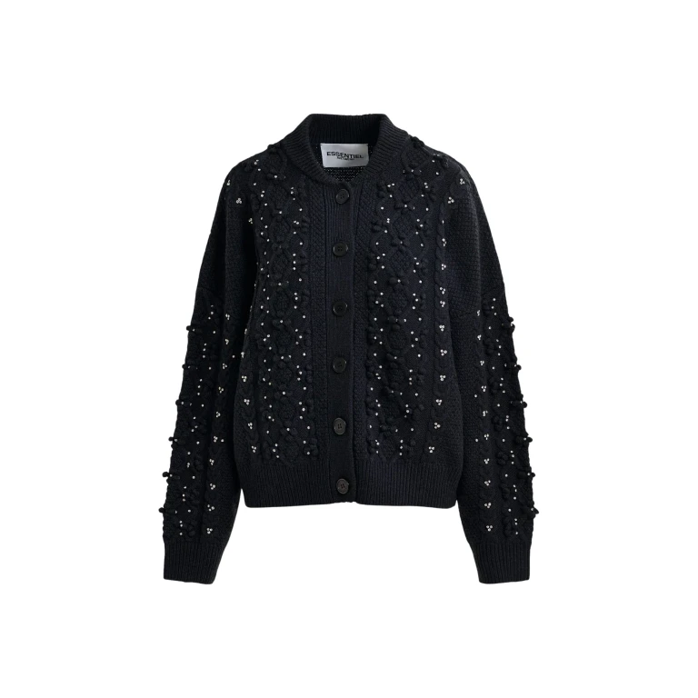 Essentiel Antwerp Black cable-knit wool-blend cardigan with rhinestone embellishments - Essentiel Antwerp Knitwear - Colorful Belgian Design - Shop at Luxury Shoes 