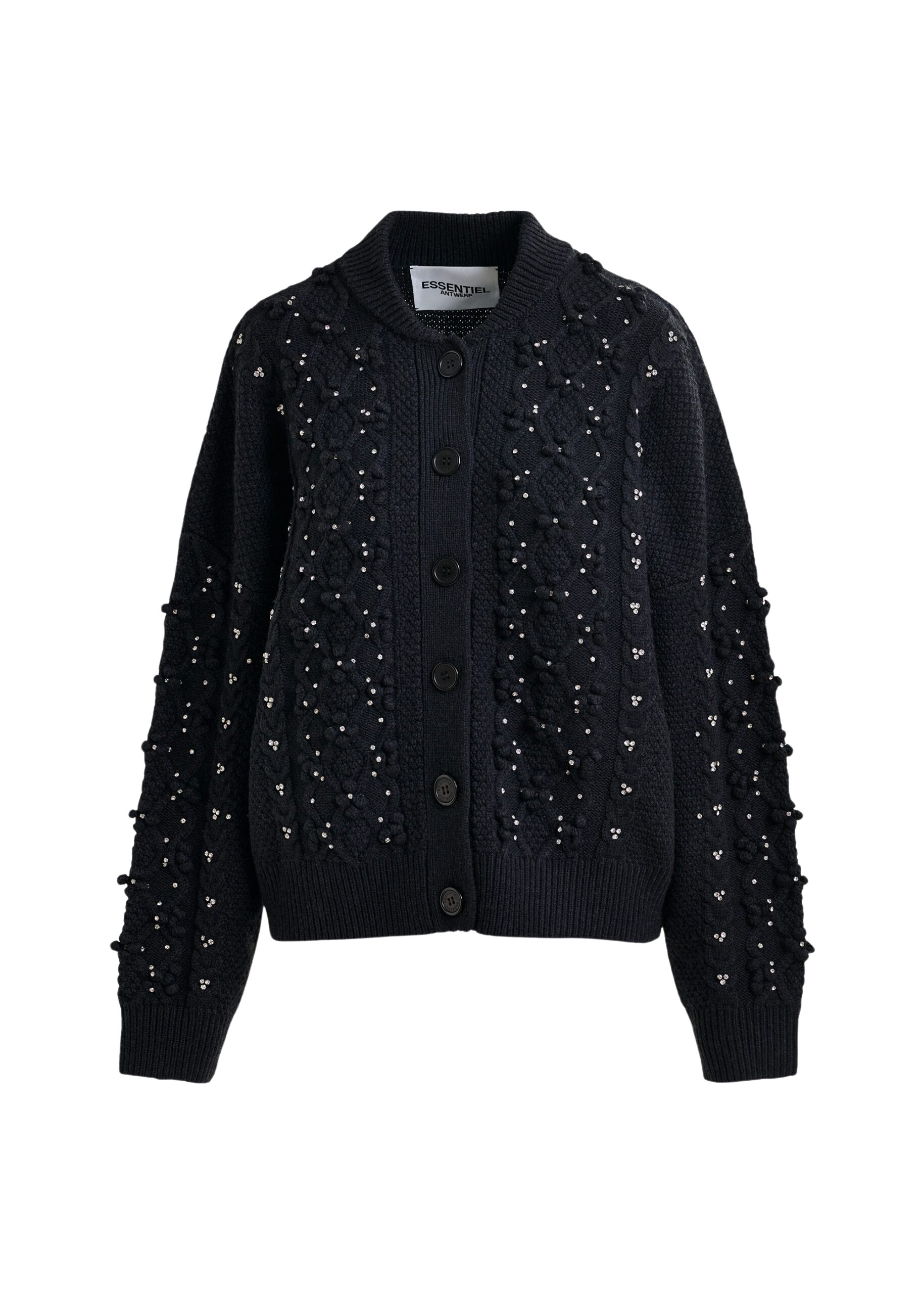 Essentiel Antwerp Black cable-knit wool-blend cardigan with rhinestone embellishments