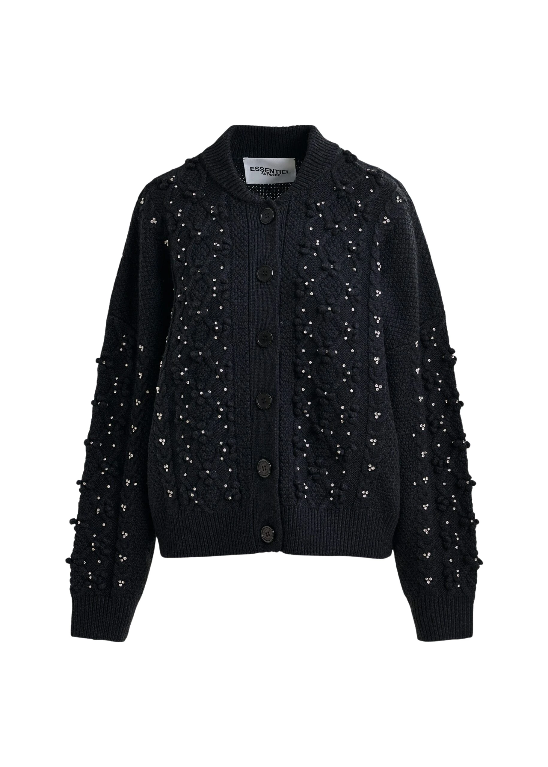 Black-cable-knit-wool-blend-cardigan-with-rhinestone-embellishments-Essentiel-Antwerp-Knitwear-scaled50267_nobg Essentiel Antwerp Black cable-knit wool-blend cardigan with rhinestone embellishments - Essentiel Antwerp Knitwear - Colorful Belgian Design - Shop at Luxury Shoes