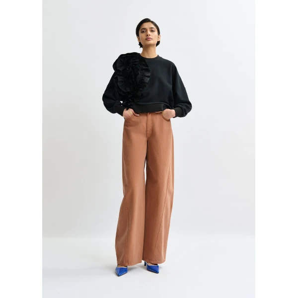 Essentiel Antwerp Black cotton-blend sweatshirt with ruffle details - Essentiel Antwerp Shirts - Colorful Belgian Design - Shop at Luxury Shoes 
