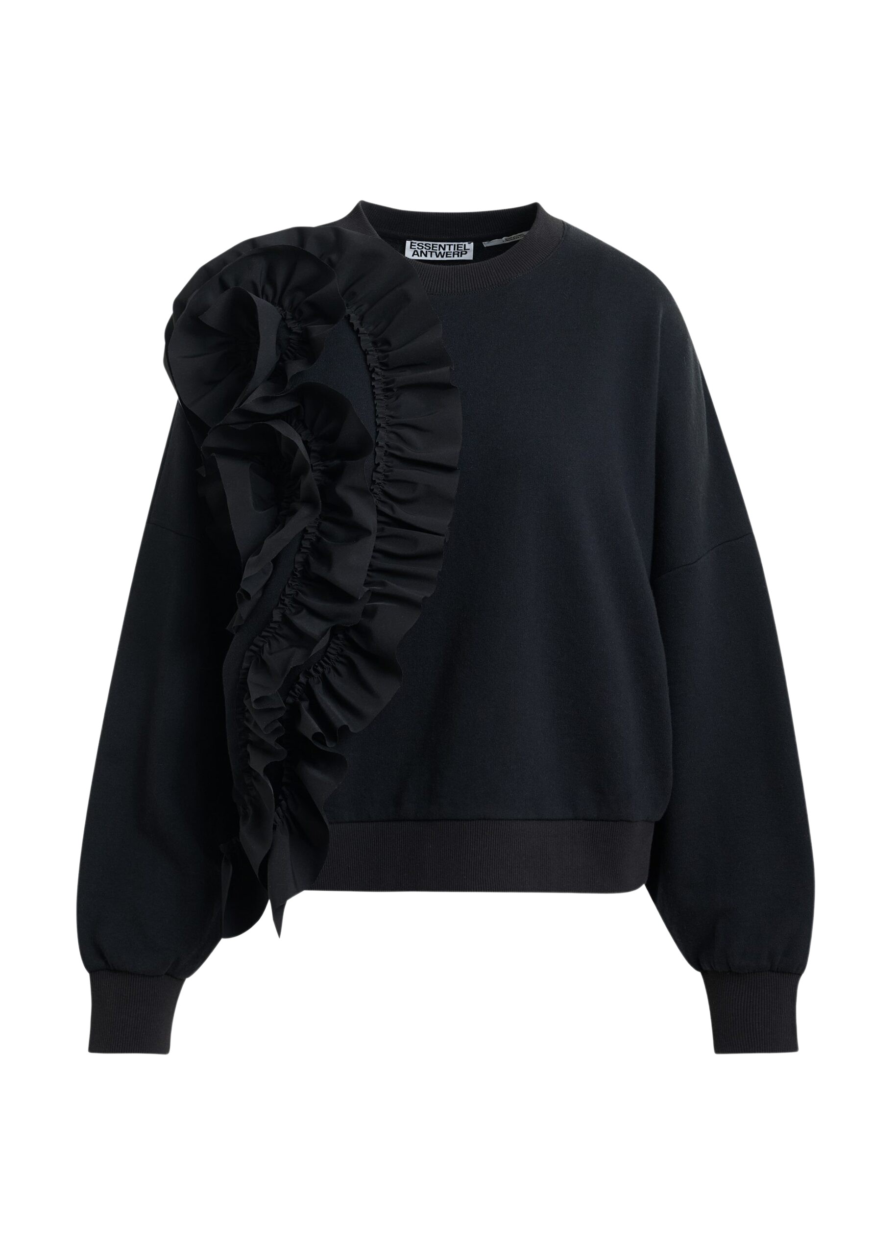 Essentiel Antwerp Black cotton-blend sweatshirt with ruffle details Top