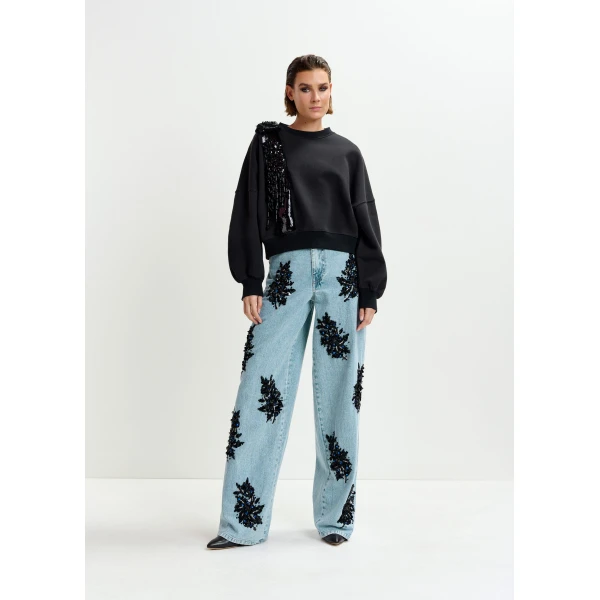 Essentiel Antwerp Black cotton sweatshirt with embellished panel - Essentiel Antwerp Shirts - Colorful Belgian Design - Shop at Luxury Shoes 