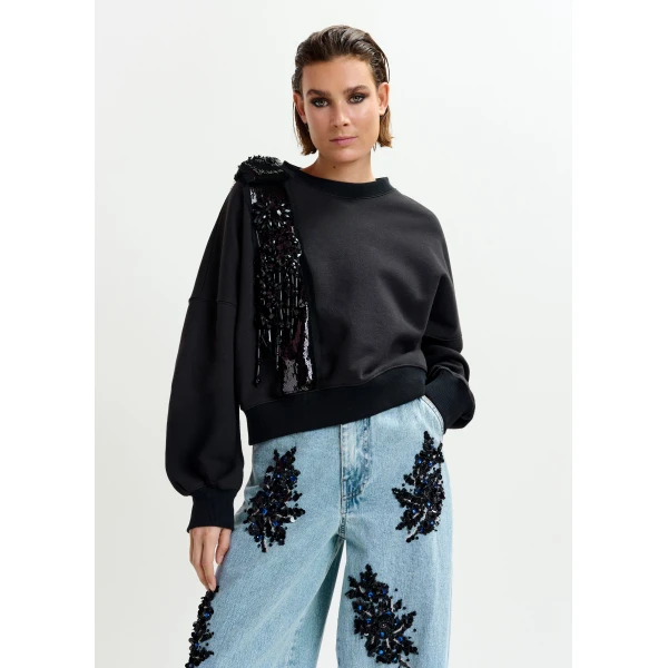 Essentiel Antwerp Black cotton sweatshirt with embellished panel - Essentiel Antwerp Shirts - Colorful Belgian Design - Shop at Luxury Shoes 