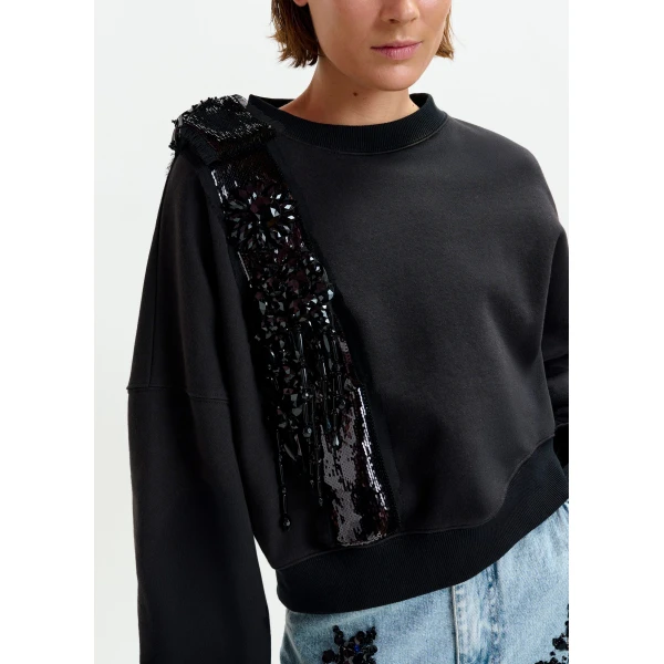 Essentiel Antwerp Black cotton sweatshirt with embellished panel - Essentiel Antwerp Shirts - Colorful Belgian Design - Shop at Luxury Shoes 