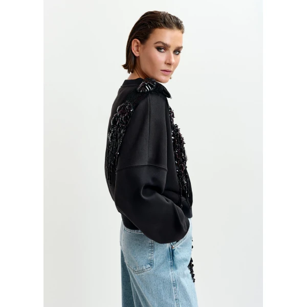 Essentiel Antwerp Black cotton sweatshirt with embellished panel - Essentiel Antwerp Shirts - Colorful Belgian Design - Shop at Luxury Shoes 