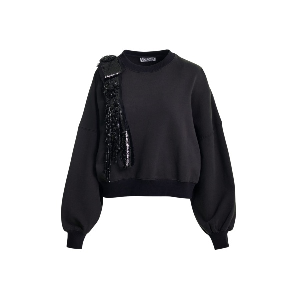 Essentiel Antwerp Black cotton sweatshirt with embellished panel - Essentiel Antwerp Shirts - Colorful Belgian Design - Shop at Luxury Shoes 