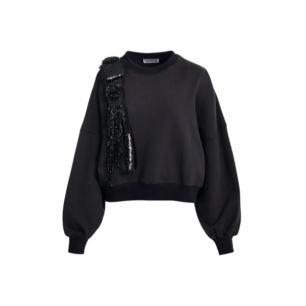 Essentiel Antwerp Black cotton sweatshirt with embellished panel - Essentiel Antwerp Shirts - Colorful Belgian Design - Shop at Luxury Shoes 