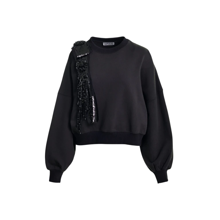 Essentiel Antwerp Black cotton sweatshirt with embellished panel - Essentiel Antwerp Shirts - Colorful Belgian Design - Shop at Luxury Shoes 